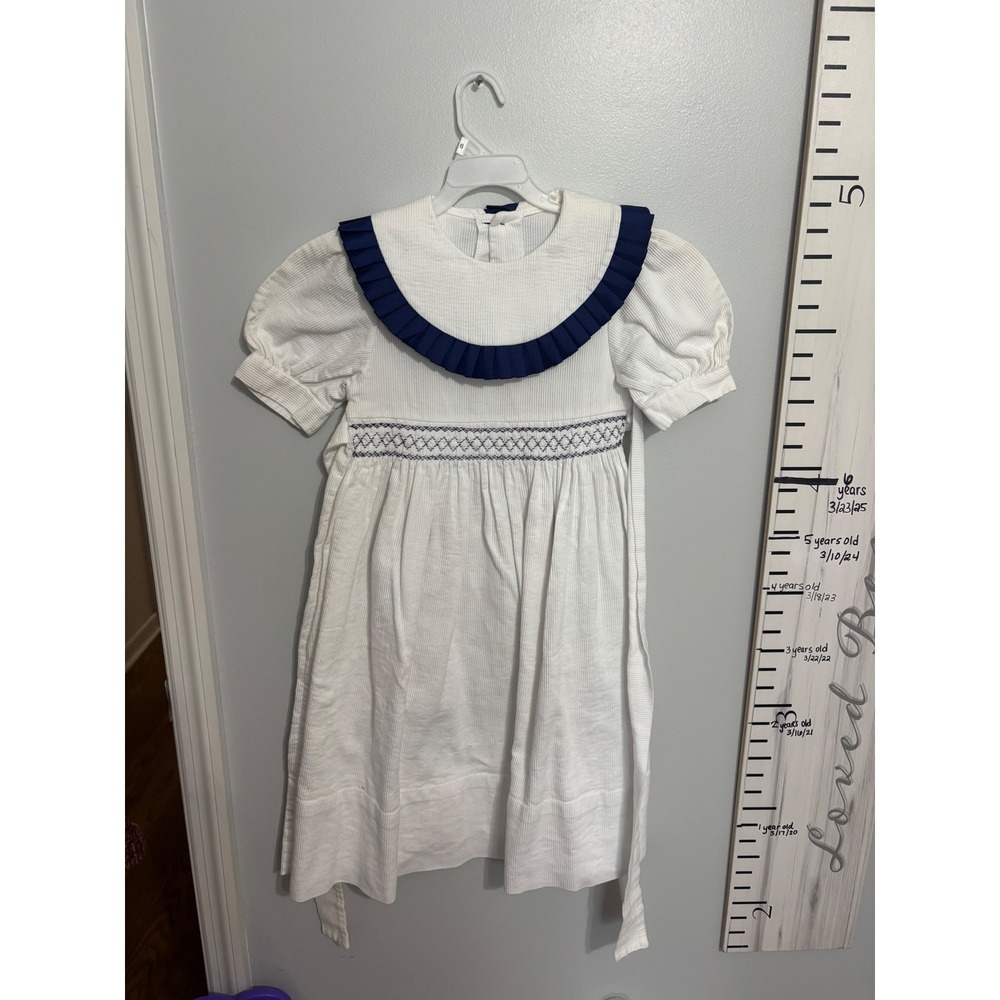 Monday's Child Girls White Corduroy Smocked Dress Navy Ruffle Size 6X USA Made